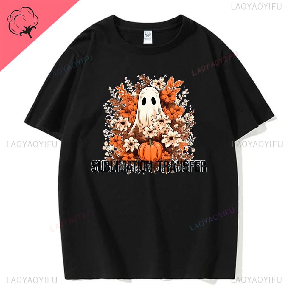 Jack Lanterns  Women Ghost Pumpkin Bat Skeleton Print Round Neck Pullovers Cotton Shirt Graphic T Shirts Y2k Top Harajuku Tops