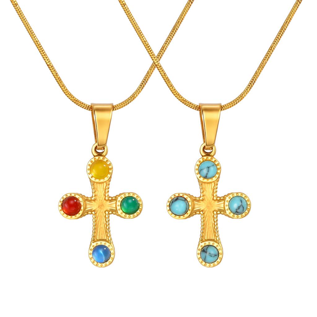 Stainless Steel Inlaid Natural Stone Cross Pendant Necklace Women'S Retro High-End Jewelry Pn-2197