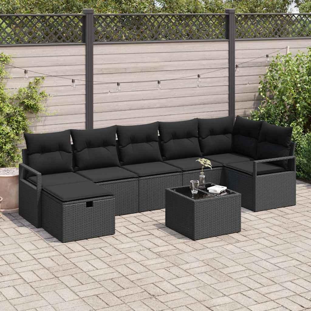 8 Piece Sofa Set with Cushions and Storage Black Poly Rattan
