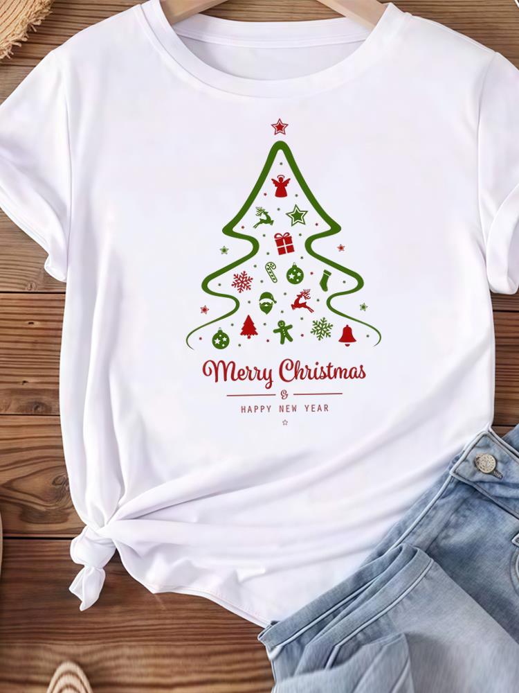 (Asian Size) tree gift happy new year Women's Top T Tee merry Christmas festival O-neck Clothing  Print Fashion ladies Graphic T-shirts