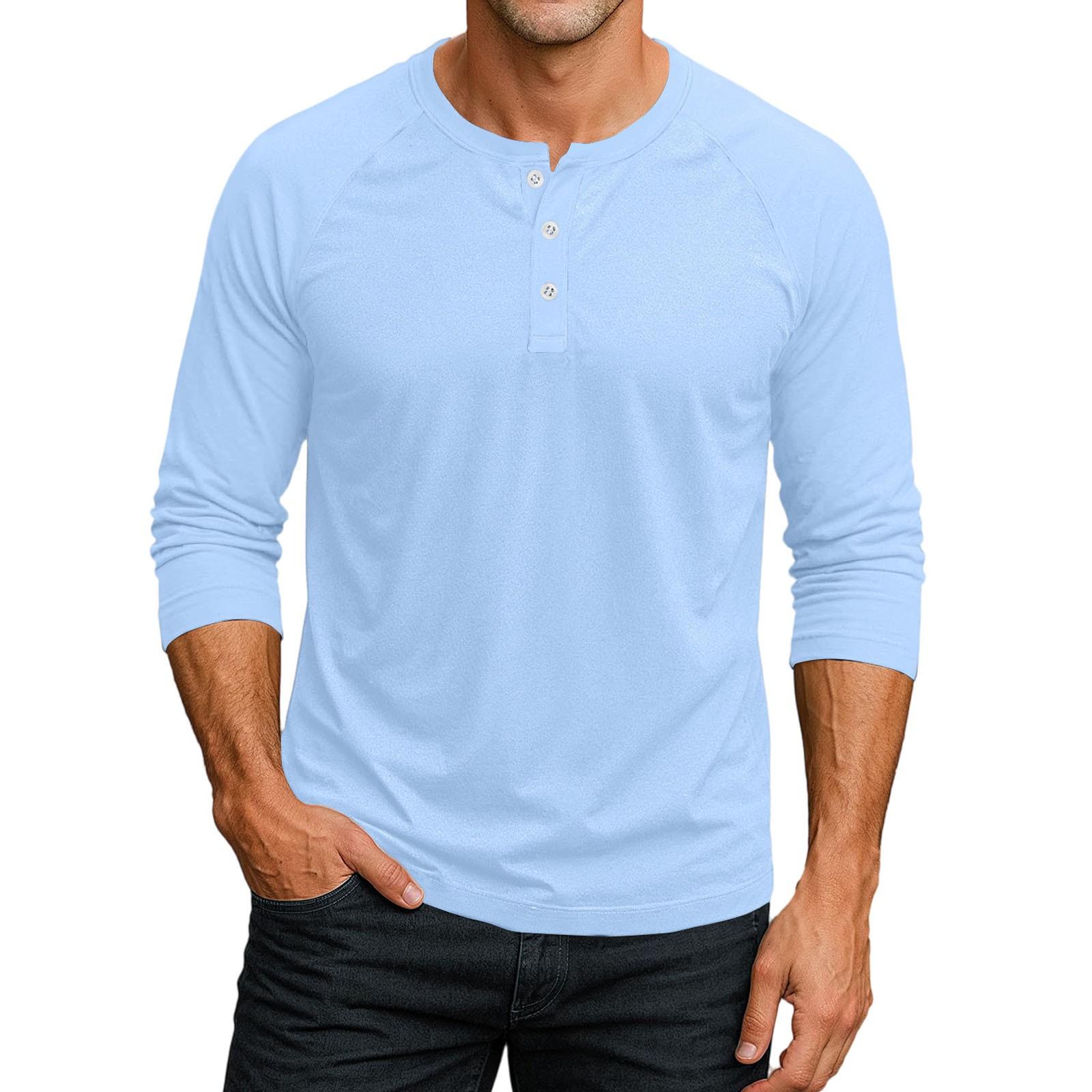 Men Henley Long Sleeve T Shirt Classic Fit Button Down Crew Neck Casual Basic Top Soft Fabric Pullover Tee S