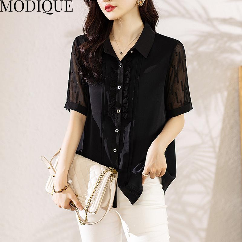 

MODIQUE, летние большие размеры, женская хлопково-льняная шифоновая блузка, рубашки, летние однотонные пальто, элегантное женское поло большого размера с заниженными рукавами и пуговицами