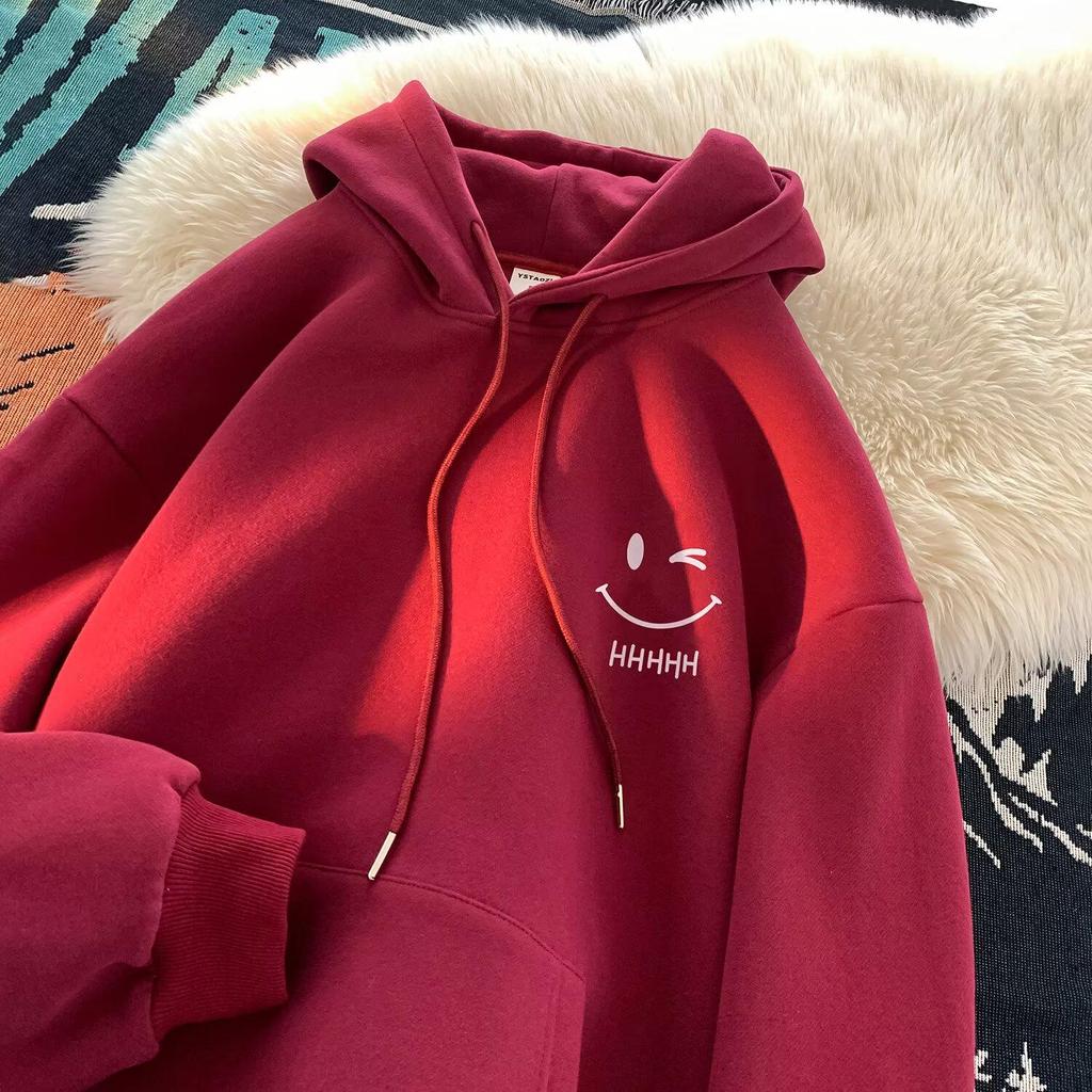 Smiling Face Unisex Hoodie - Spring/Autumn 2024 Trendy Fleece-Lined Loose Fit