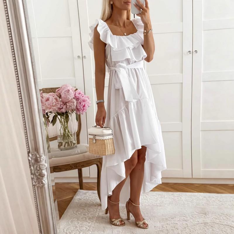 Sleeveless Dress Women Square Neck Ruffle Hem Loose Waist Solid Color Casual Daily Wear