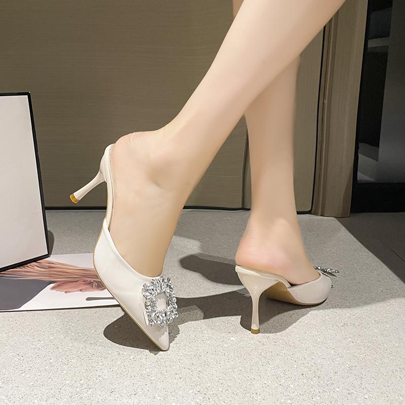 Baotou Semi-slippers Women's Summer Wear Rhinestone Square Buckle Patent Leather Pointed Toe Shallow Mouth Low-heeled High Heels