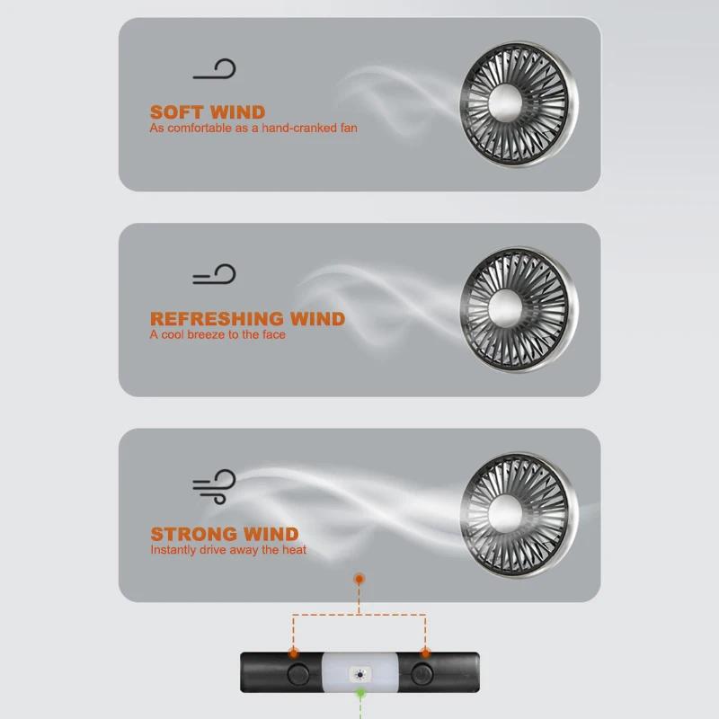 360° Adjustable Car Fan With LED Light USB Dual Head Cooling Air Fan Independent Switch 3-Speed Auto Headrest Fan For Rear Seat