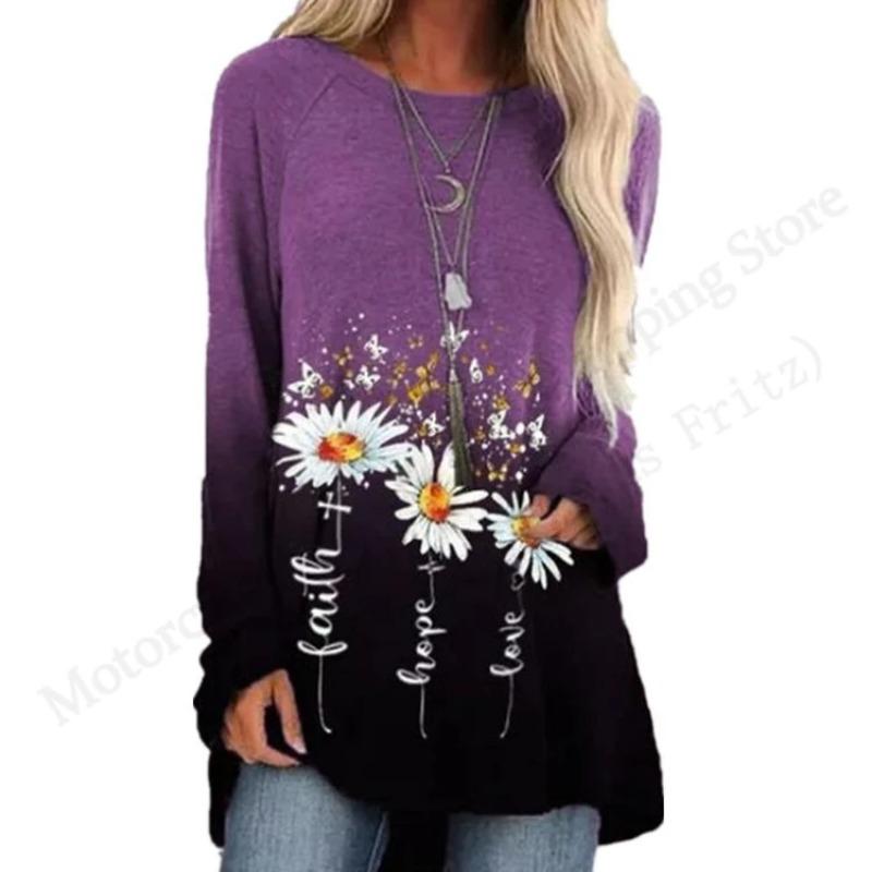 Spring and Autumn Round Neck Small Daisy Flower Pattern 3D Printed Top Fashionable Casual Long Sleeved Women's T-shirts