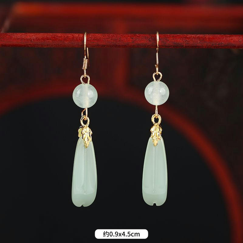 Antique earrings women's versatile temperament agate pearl long earrings retro jade fringed earrings