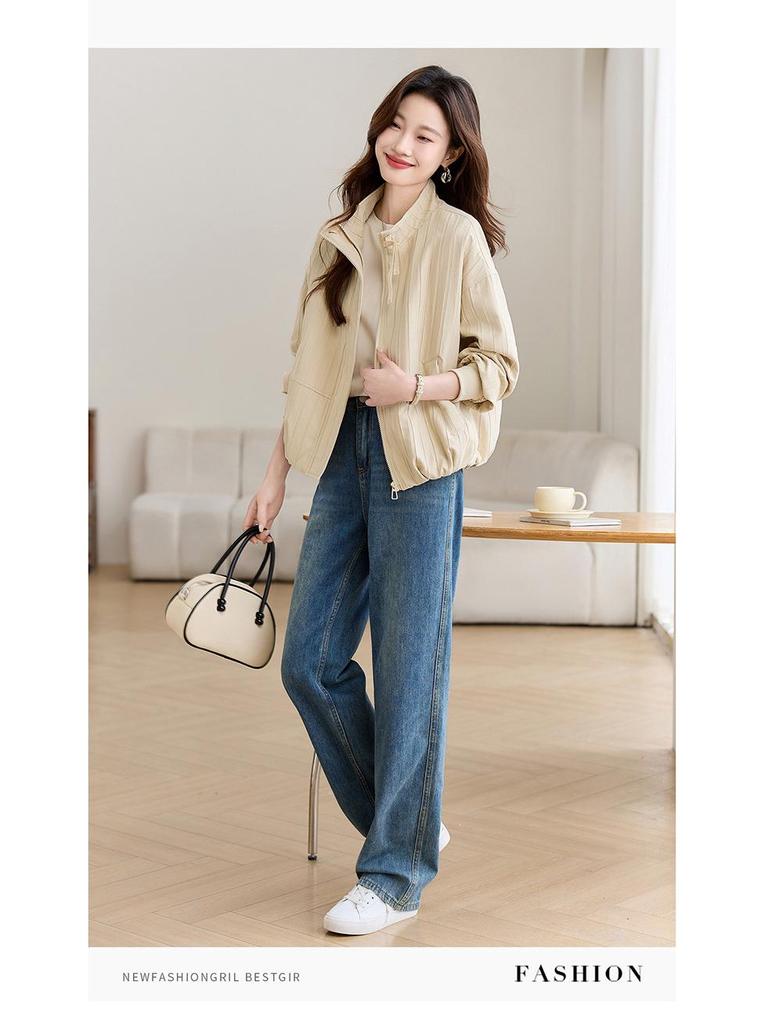 Women's Petite Stand-Up Collar Jacket - Loose, Plus Size, Thin Top for Spring/Autumn 2025