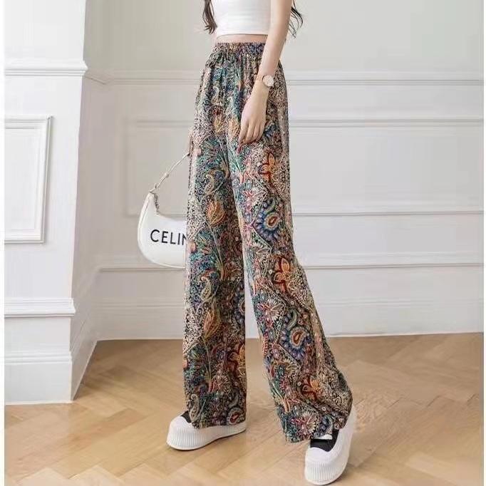 GMXIA Tuschmalerei-Batikhose für Damen, Sommer, dünne, lässige Eisseidenhose, Trommelmopphose, gerades Bein, weites Bein