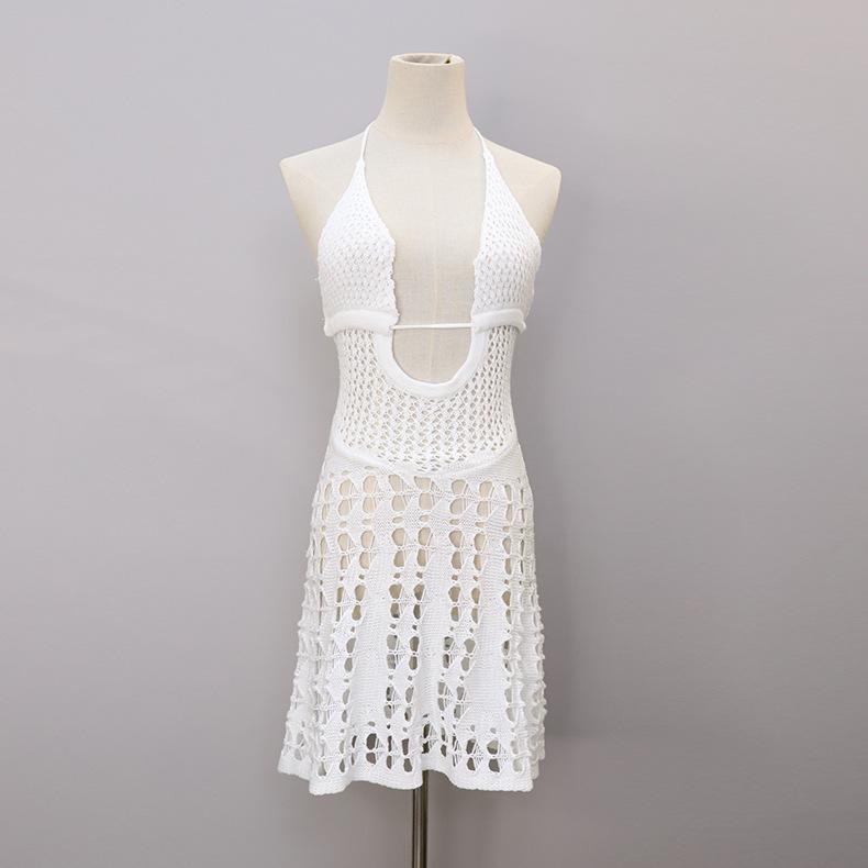 Summer Women's Beach Dress Solid Hollow Knit Dress Sexy Swimwear Cover-up Tie Neck Hanging