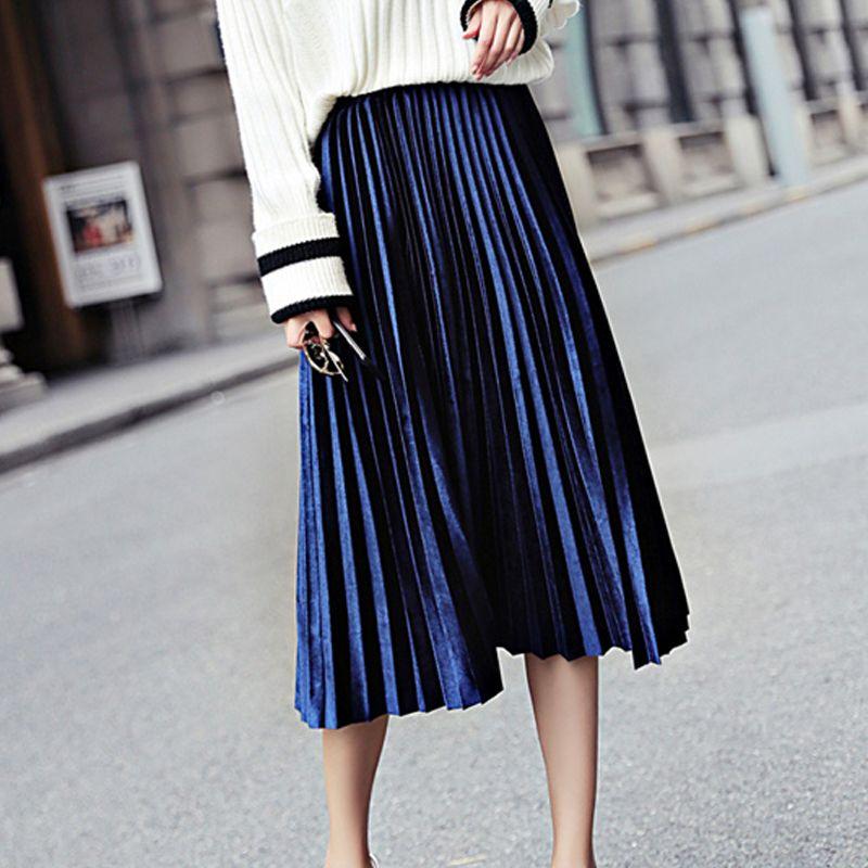 Womens Fashion Pleated Midi Long Skirt Female Korean Japanese Casual High Waist Skirts Spring