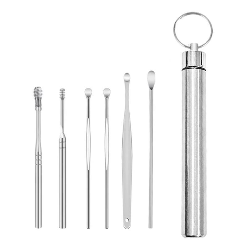 

Набор из 6 ушных палочек из нержавеющей стали, серебристого металла, спиральные ушные палочки, портативный брелок для ключей 1.2*1.2*10.3cm серебряный