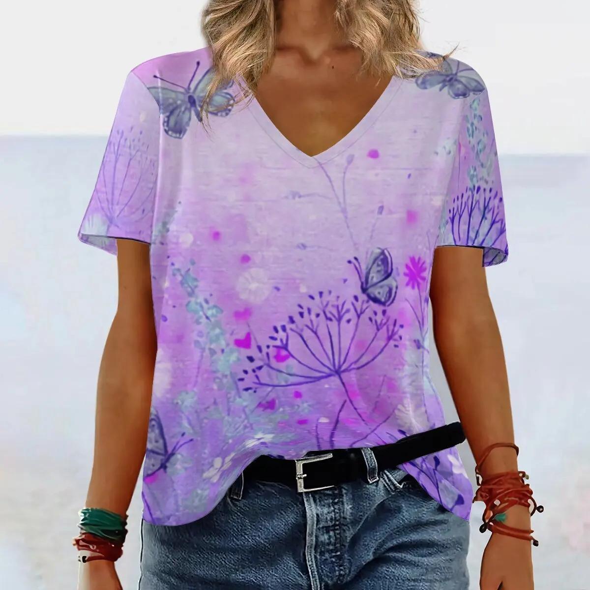 

Летний топ с V-образным вырезом, элегантным 3D-принтом, упрощенным узором с бабочками, модный, повседневный, с короткими рукавами, женские футболки 5XL