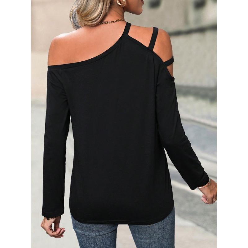 Women Simple Slant Collar Off Shoulder Long Sleeve Casual Commute T Shirt Top