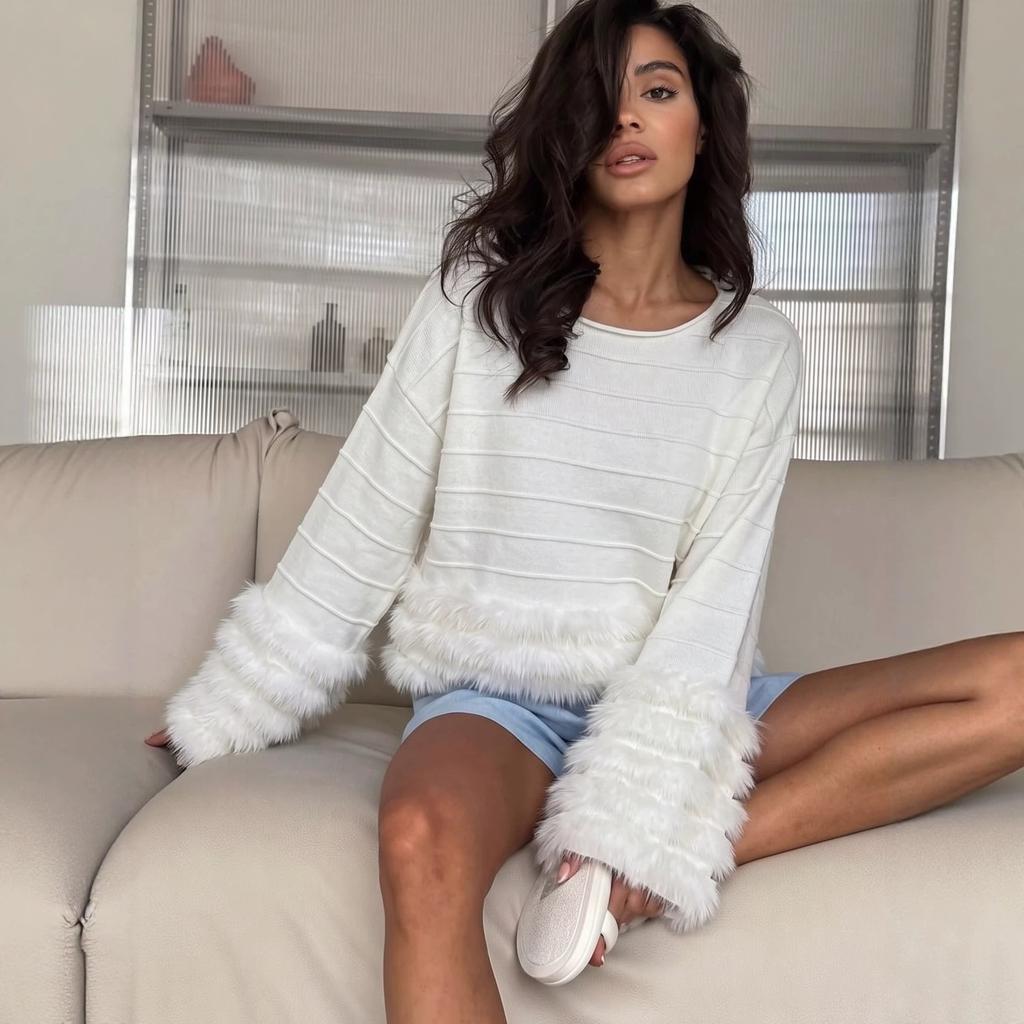 2026 autumn and winter new European and American ins romantic Su splicing crew neck sweater women's lazy wind striped knitted top