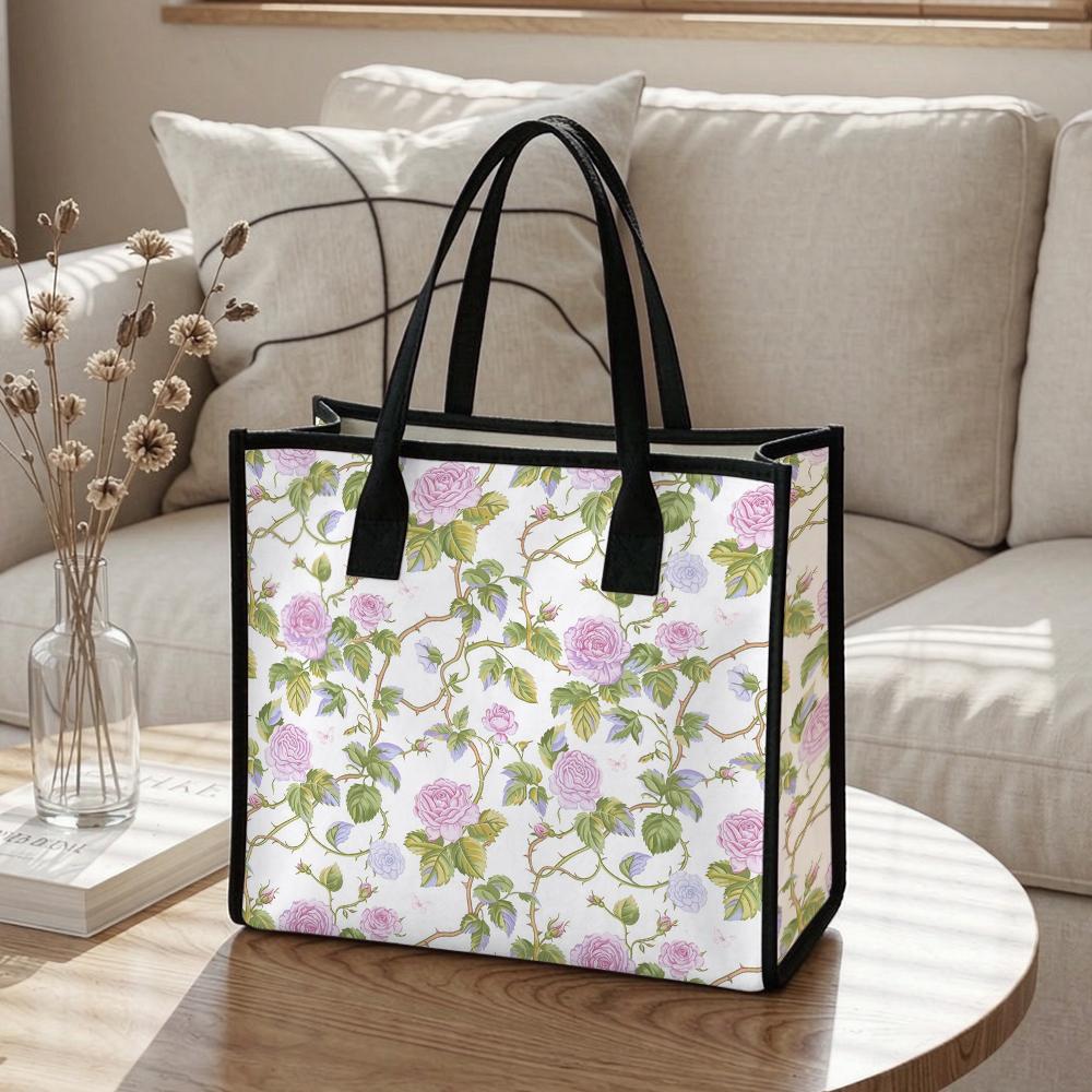 Floral Tote Bag Fashion Reusable Shopping Handbag Lightweight Casual Daily Carry All Bag