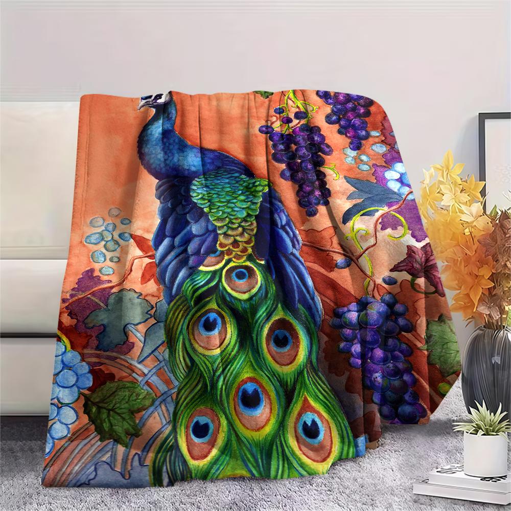 1Pc Peacock Oil Painting Print Flannel Blanket, High Quality Comfortable for All Seasons, Home Decor, Warmth and Comfort, Perfect for Christmas Gifts