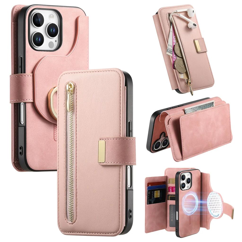 2 in 1 Detachable Cards Solt Zipper Wallet Leather Case For iPhone 16 Pro Max 15 Plus 14 13 12 11 RFID Purse Pocket Flip Cover