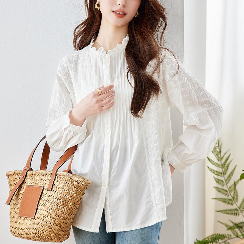 

Embroidered White Shirt for Women Long-sleeved Spring Clothes New Design Accordion Pleated Tops Fungus Collar Shirt M