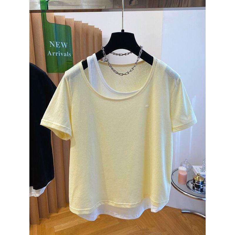 Fat Girl Extra Large Size 150.00kg Fake Two Pieces Short Sleeve T-shirt Women's Top Summer Snowflake Cotton Slimming Slim Fit Top Shirt