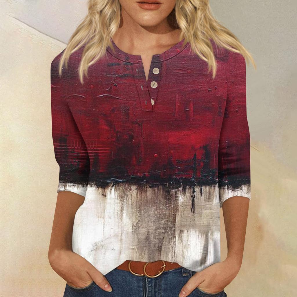 Women's Halloween Print Casual V-Neck Button Up Shoulder Sleeves Seven Quarter Sleeve Top