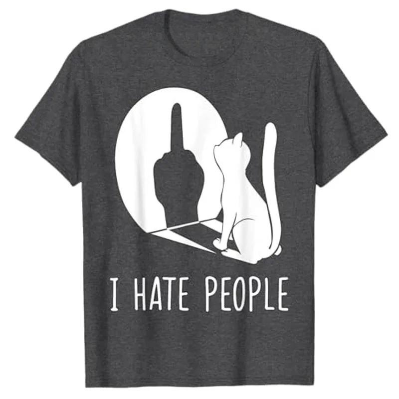 Cat Shadow I Hate People Middle Finger TShirt Humor Funny Kitty Graphic Outfit Short Sleeve Blouses Gifts Sarcastic