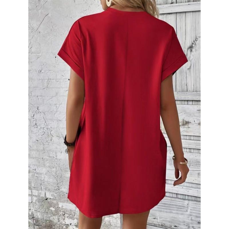 IHUASU Spring Summer Solid Color Round Neck Loose Short Sleeve Pocket Dress