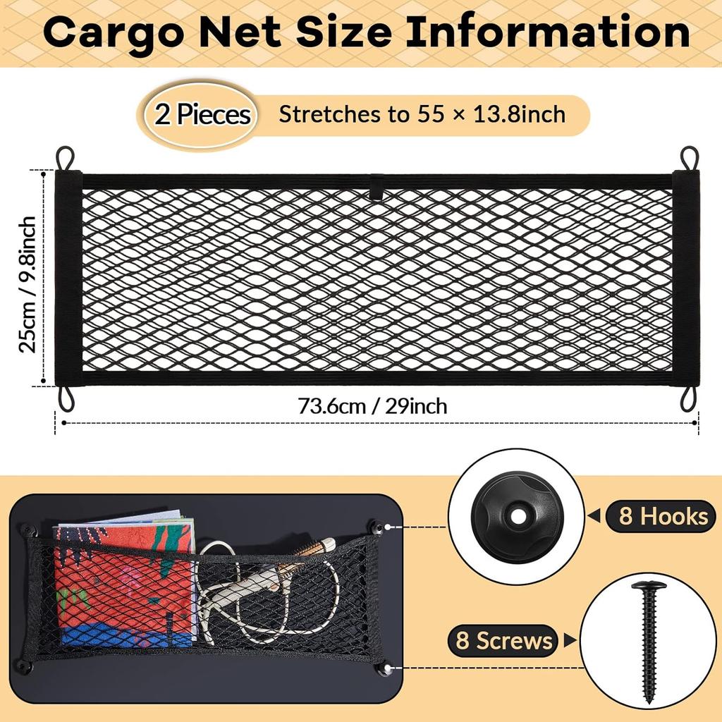 Frienda 2 Pieces Stretchable Small Cargo Net Pocket Storage Mesh Net Elastic Automotive Storage Pouch With 8 Pieces Mounting Screws And Hooks For