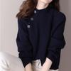 Women Loose Button Solid Color Half High Collar Sweater Korean Temperament Knitted Sweater Women's Tops Bottoming Sweater Sweater Autumn and Winter