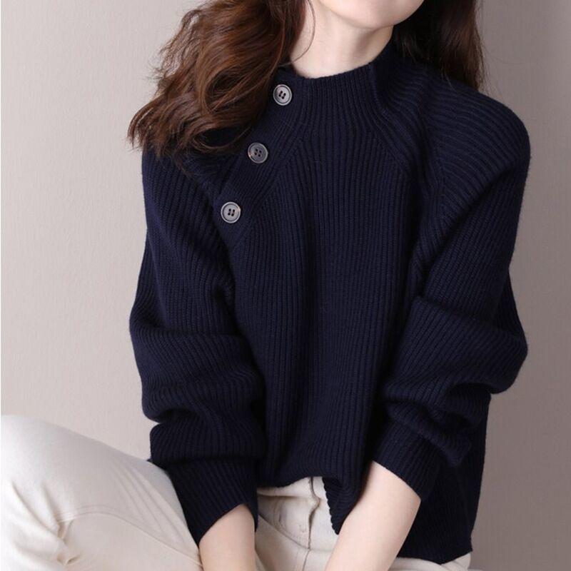 Women Loose Button Solid Color Half High Collar Sweater Korean Temperament Knitted Sweater Women's Tops Bottoming Sweater Sweater Autumn and Winter