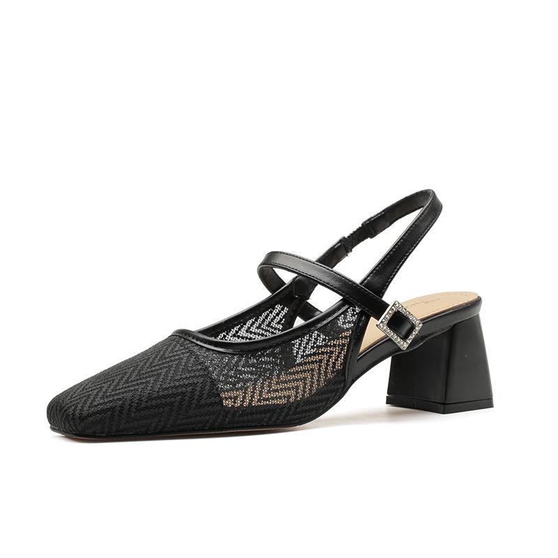 

High-heeled sandals women s summer 2025 new mesh breathable thick heel square head fashion commuter French medium heel single shoes 34 чёрный