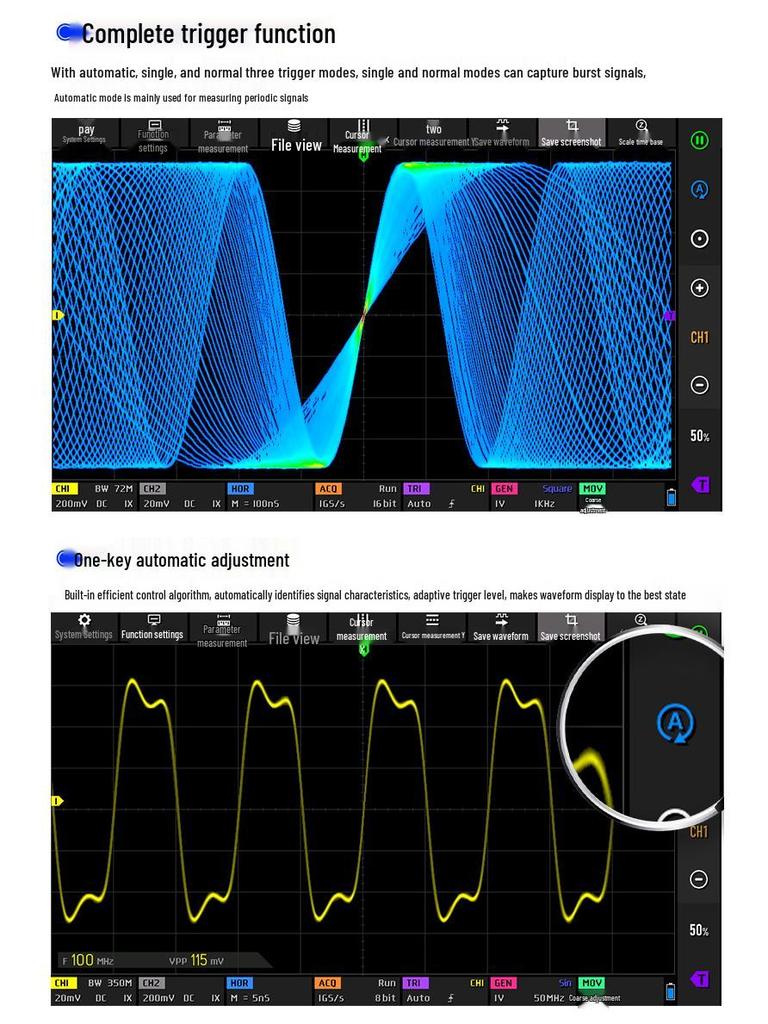 Tabletă FNIRSI DPOS350P 4-în-1: Osciloscop 350M, Generator de Semnal, Analizor de Spectru, Contor de Frecvență