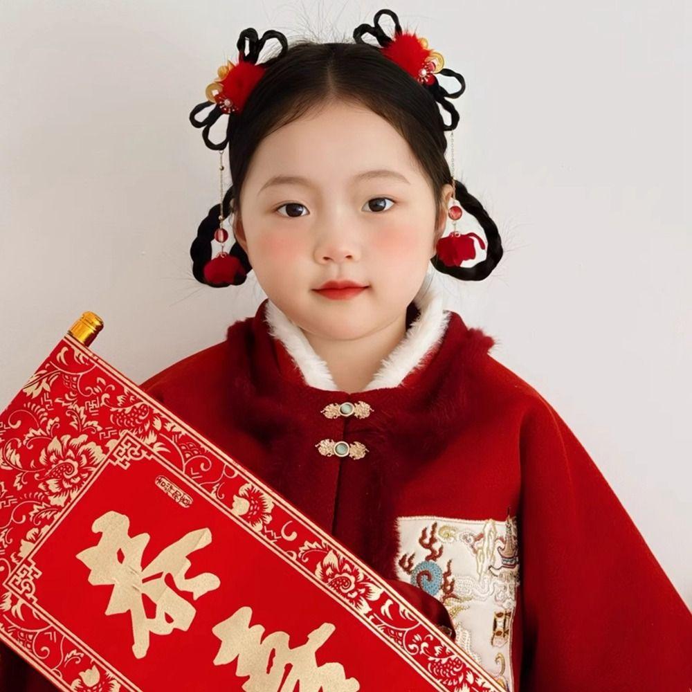 Braid Hair Children Wig Headband Flower Red Bow Hairband Simple Hanfu Hair Sticks  Baby