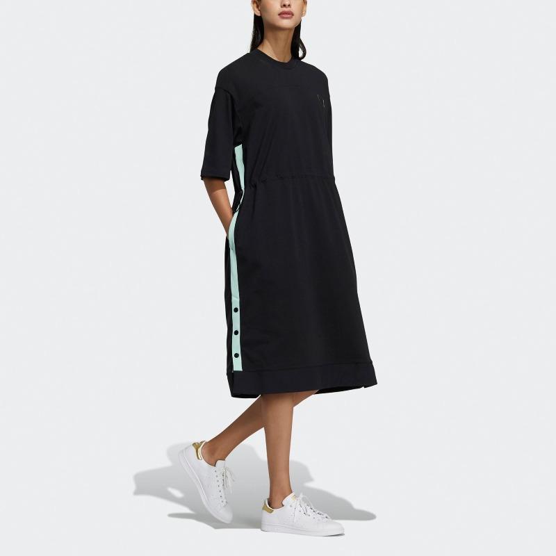 Adidas Originals Ryv Dress Casual Breathable A-Line Round Neck Short Sleeve Dress Women Dresses Black H39023