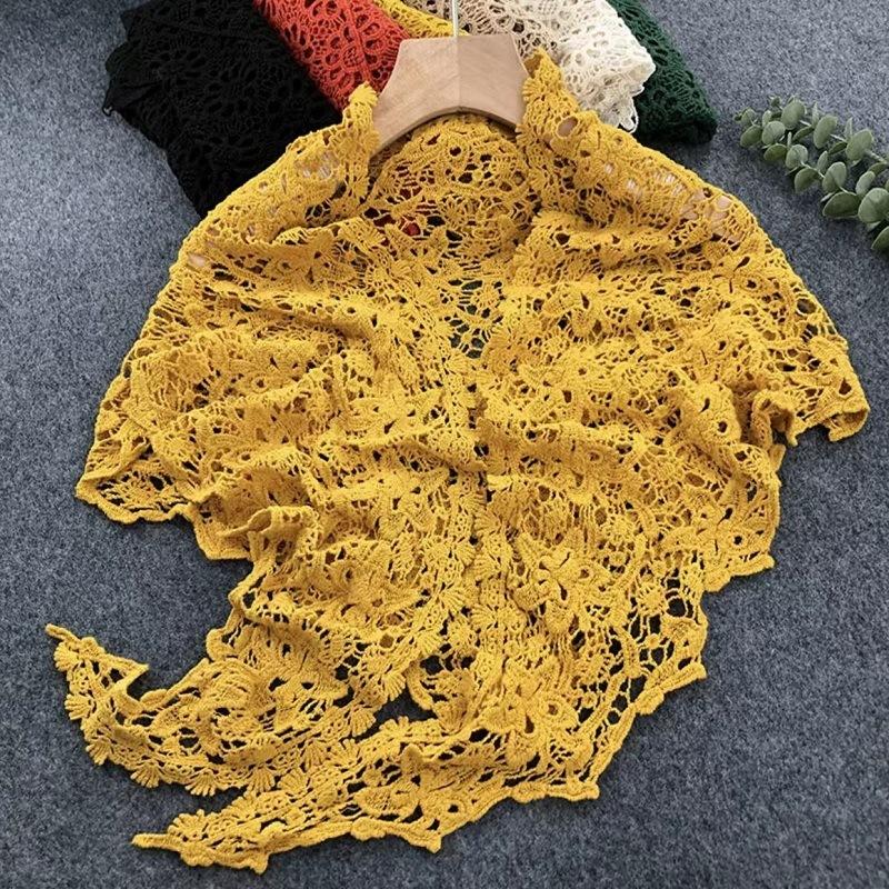 

Чистый хлопок Защита шеи Кружевная ажурная треугольная косынка Шарф-крючок Летняя шаль С юбкой на подтяжках Детская уличная 155*35cm жёлтый