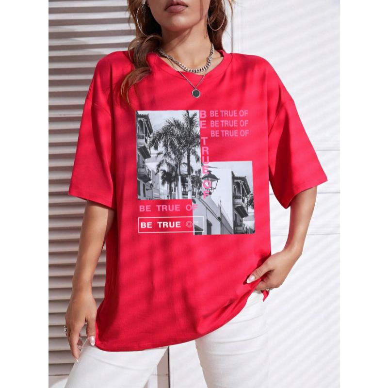 Graphic & Letter Print Crew Neck T-Shirt Women Summer O-Neck T Shirts Cotton Plus Size Short Sleeve Sport Casual Shirt