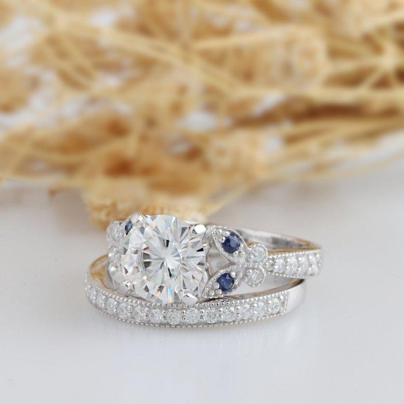 

2шт ретро нить 925 серебро 2 карата бриллиант сапфир боковой камень помолвка свадьба невеста любовь кольцо размер 6-10