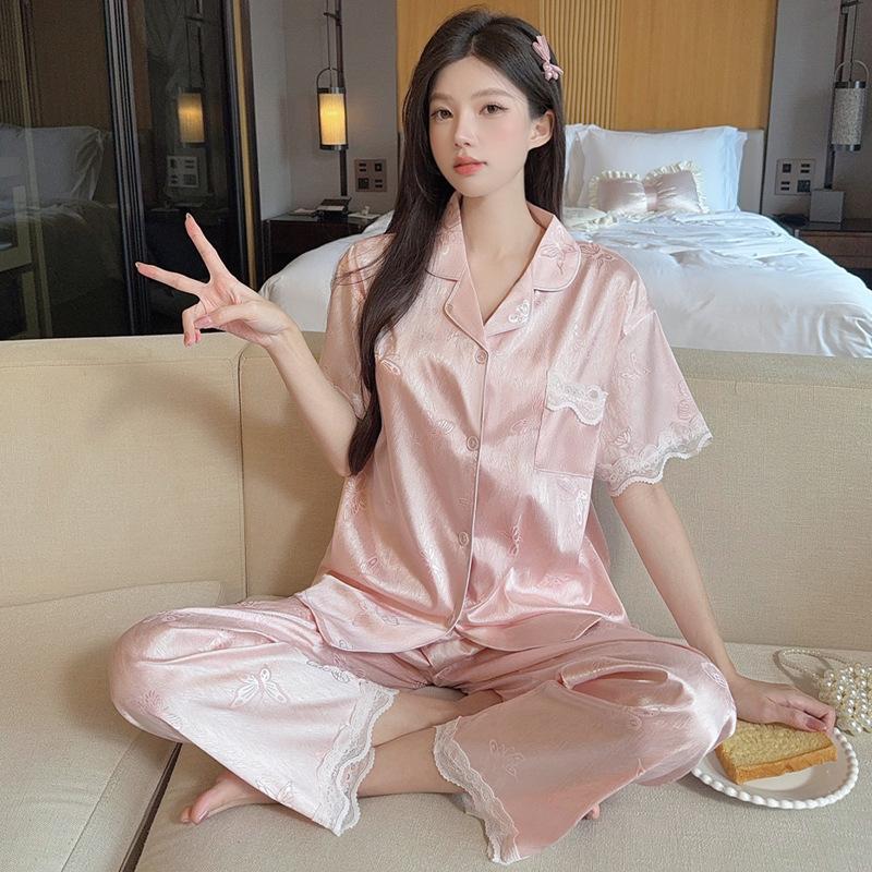 Sweet And Cool Girl Ice Silk Pajamas Women'S Summer Short-Sleeved Trousers Casual Lazy Style Loungewear Can Be Worn Outside