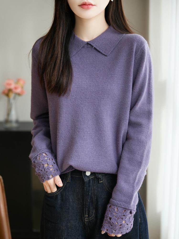 Women's French High-End Crochet Polo Collar Knitwear: Stylish Hollow-Out Lapel Sweater