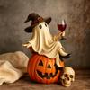 Cute Halloween Ghost Figurine with Witch Hat Wine Glass Resin Statue Home Decor Ornament for Living Room Shelf Tabletop Gift