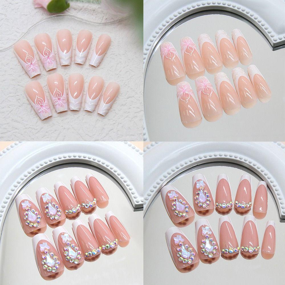 24pcs Detachable Long Ballerina False Nails Shining Rhinestones White Edge Fake Nails Full Cover French Press On Nails Women