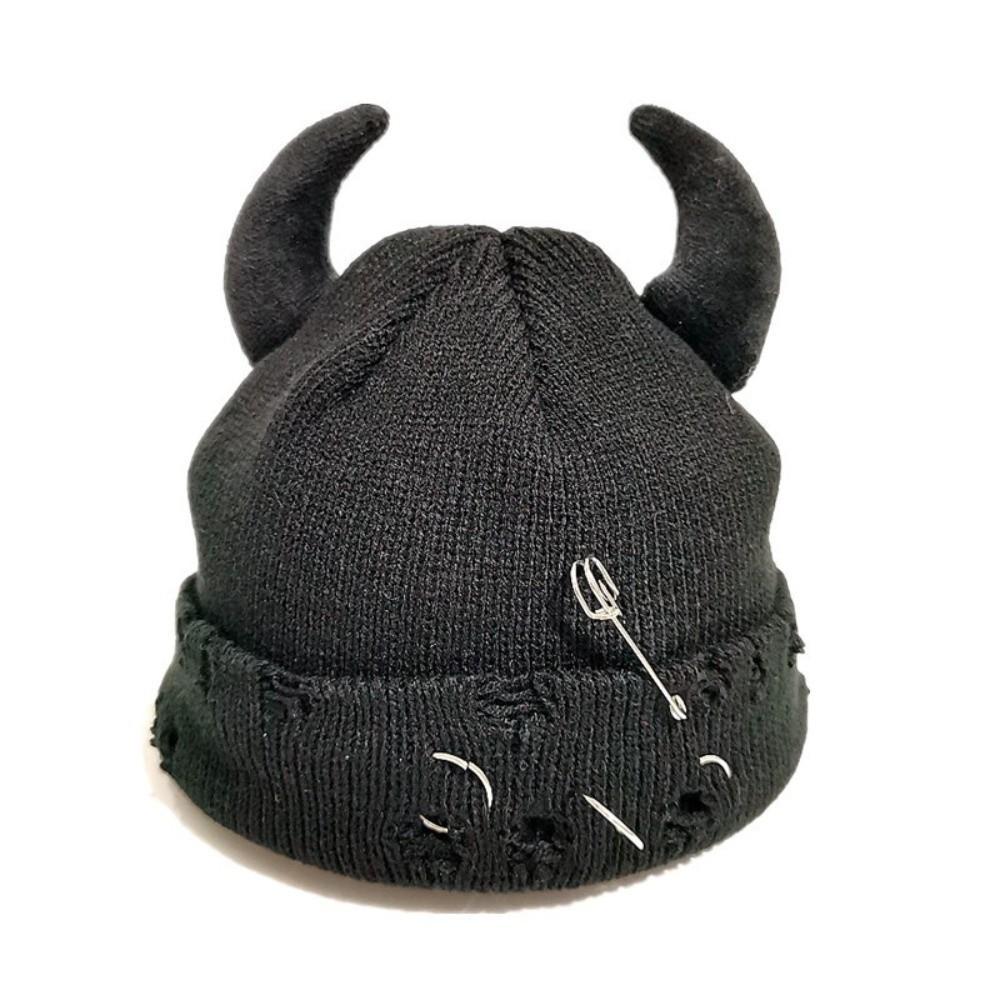 Yarn Winter Pullover Cap Solid Color Knitted Beanie Punk Devil Horns Hat Autumn/Winter