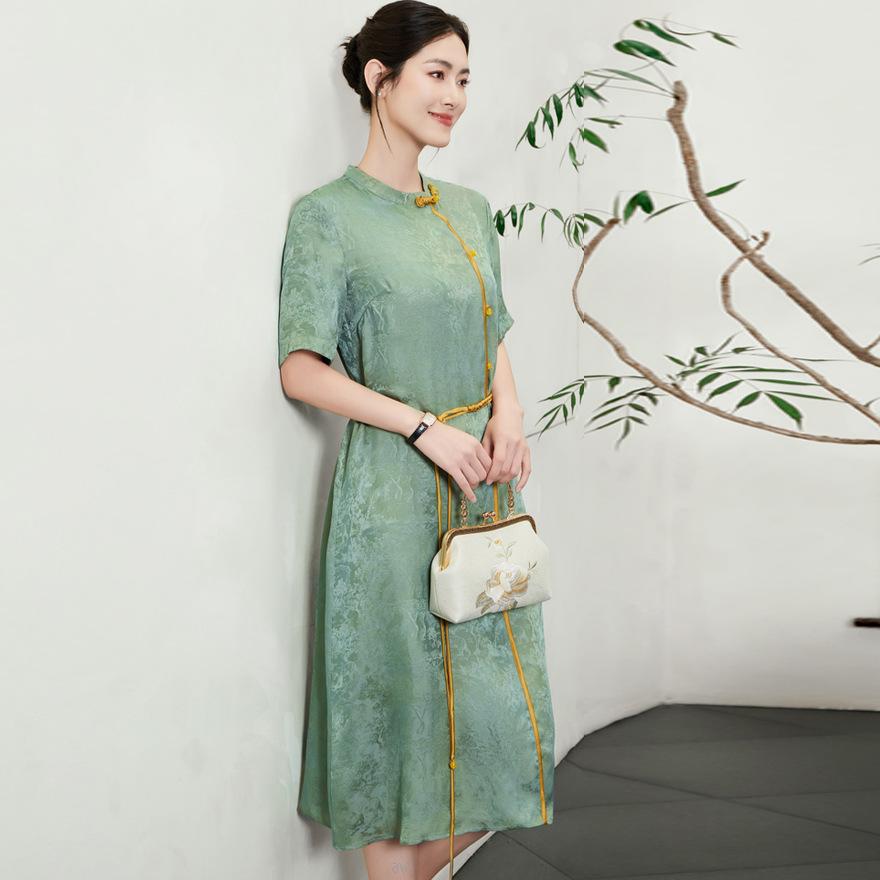 Silk Dress Medium and Long Summer New Temperament Jacquard Short Sleeve Mulberry Silk Skirt Women