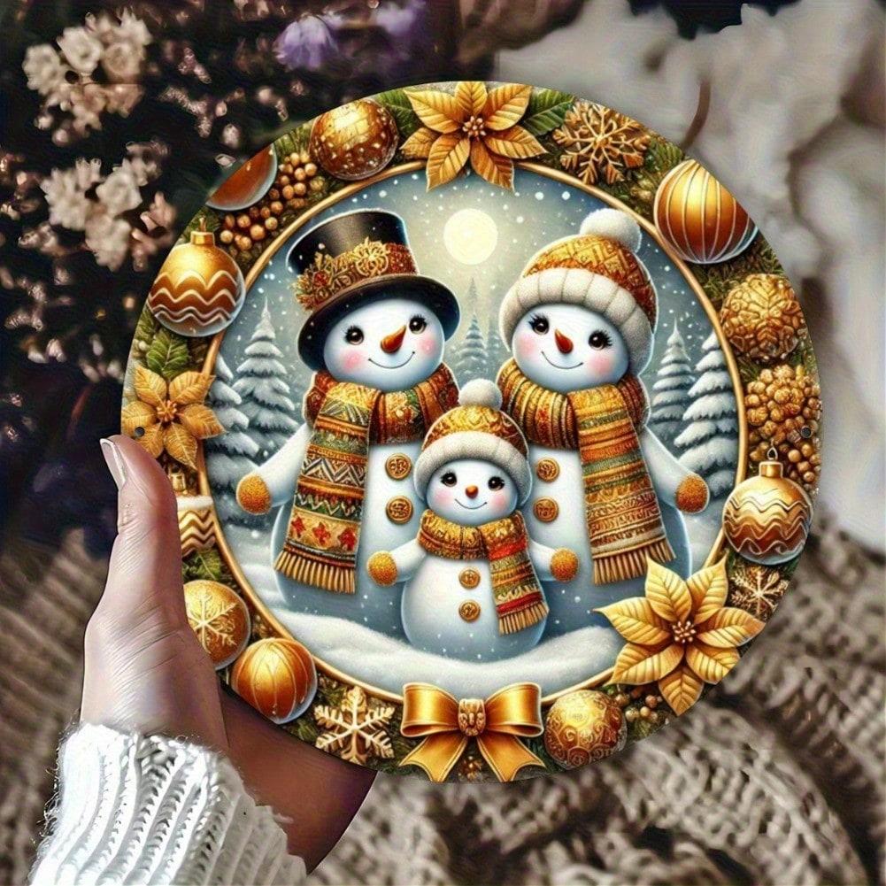 Snowman Family of Three Metal Wall Art 7.87x7.87 Inch Round Tin Sign Holiday Bar Cafe Decor