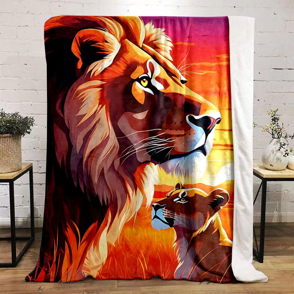 Two lions in a vibrant savanna during sunset with warm orange hues. for all seasons blanket lunch break throw gift