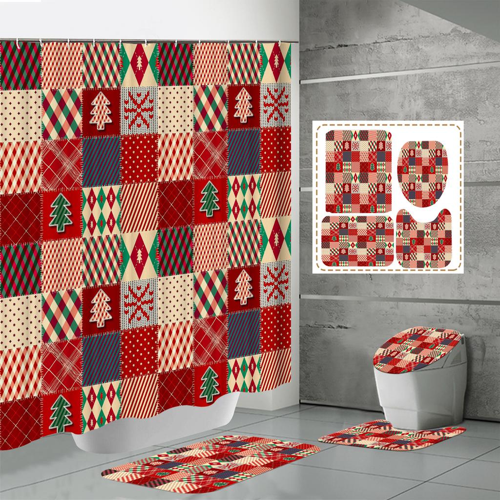 4PCS  Shower Curtain Sets With Shower Curtain And Rugs Toilet Lid Rug U Shape Mat And Bath Mat Bathroom Set  With 12 Hooks