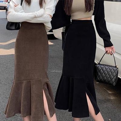 Slankvallende High Waist Split Zeemeermin Rok Dames Herfst Winter Koreaanse Stijl Halflang Elegant A-lijn Bodycon Midi Rok