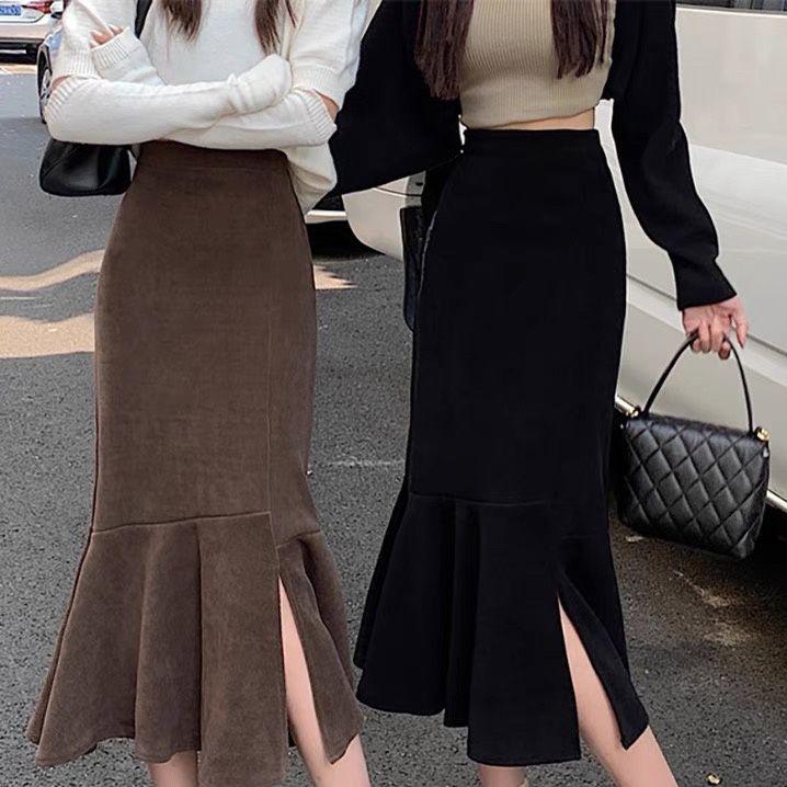 Slim-Fitting High Waist Split Mermaid Skirt Women's Autumn Winter Korean Style Mid-Length Elegant A-Line Bodycon Midi Skirt