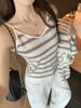 Blue and White Striped Splicing Contrasting Color Knitted Long-sleeved Cardigan Women's Early Autumn New Loose Front Shoulder Top